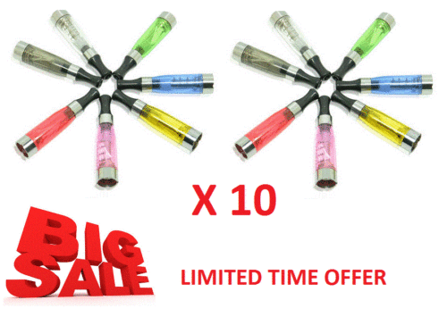 10 X COLOURED=ATOMIZER E_SHISHA=CLEAROMIZER= VAPE= ATOMISER= CLEAROMISER=TANKS