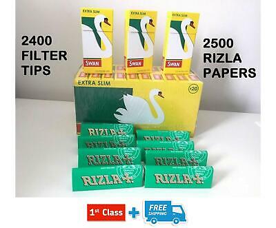 NEW 2500 RIZLA GREEN ROLLING PAPERS + 2400 SWAN EXTRA SLIM FILTER TIPS ORIGINAL