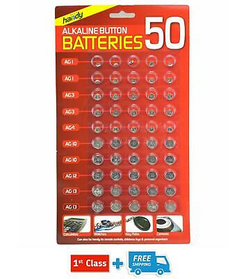 NEW 50 ASSORTED BUTTON CELL WATCH BATTERY BATTERIES AG 1 / 3 / 4 / 10 / 12 / 13