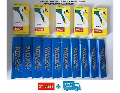 10 RIZLA KING SIZE BLUE SLIM  BOOKLETS &  5 FULL BOX SWAN EXTRA SLIM FILTER TIPS