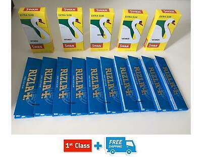 10 RIZLA KING SIZE BLUE SLIM  BOOKLETS &  5 FULL BOX SWAN EXTRA SLIM FILTER TIPS