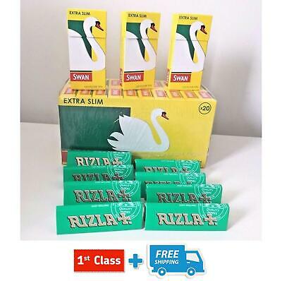 10 BOOKLETS RIZLA GREEN ROLLING PAPERS & 4 BOXES SWAN EXTRA SLIM FILTER TIPS NEW