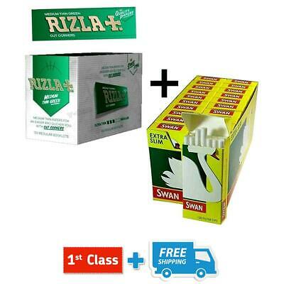 RIZLA GREEN ROLLING PAPERS 1 BOX & SWAN EXTRA SLIM FILTER TIPS 1 FULL BOX