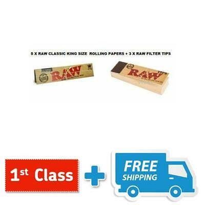 5 x RAW CLASSIC ROLLING PAPERS KING SIZE 110MM WITH 3 x ROACH FILTER TIPS RIZLA