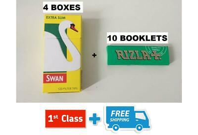 10 BOOKLETS RIZLA GREEN ROLLING PAPERS & 4 BOXES SWAN EXTRA SLIM FILTER TIPS NEW