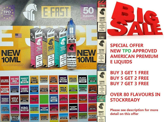 E Fast Premium E-Liquid 10ml TPD Vape Juice Many Sweet Flavours 18mg 30/70