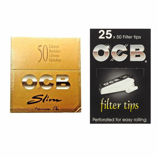OCB GOLD PREMIUM KING SIZE SLIM BOOKLETS + OCB FILTER TIPS BLACK 25 BOOKLET