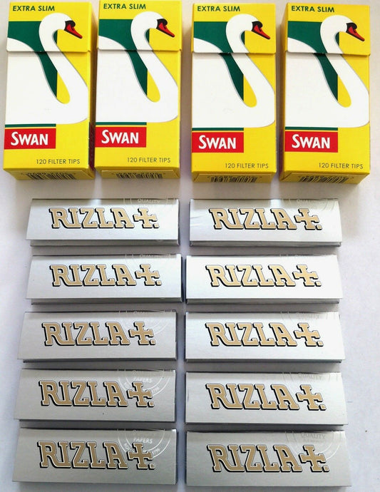 4 x SWAN EXTRA SLIM Tips and 10 Booklets Packs RIZLA SILVER ROLLING PAPERS