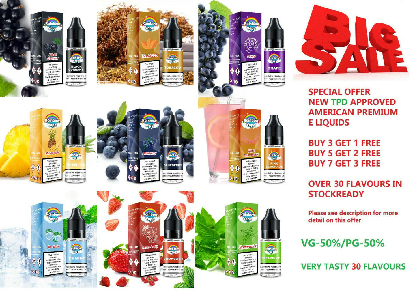 RAINBOW E Liquid Premium Vape Juice 50VG/50PG 0mg