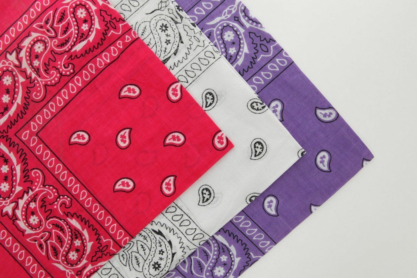 Set of 3 Cotton Paisley Bandanas Hot Pink White & Purple