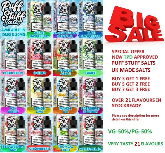 PUFF STUFF SALTS ELiquid Nic Salt Vape Juice 10ml 50VG/50PG 10mg/20mg 21 Flavour