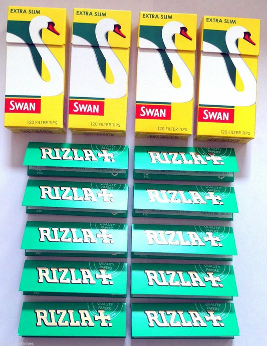 4 x SWAN EXTRA SLIM 480 Tips and 10 x Booklets of RIZLA GREEN 500 ROLLING PAPERS