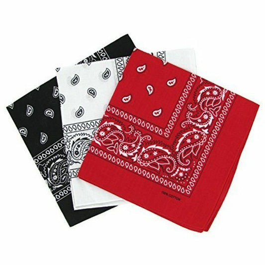 3 Pack 100% Cotton Paisley Bandana Scarf Headband  Red / White / Black Bandanna