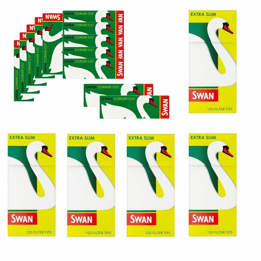12x Swan Green Rolling Papers Booklets + 5x Swan Extra Slim Filter Tips Packs