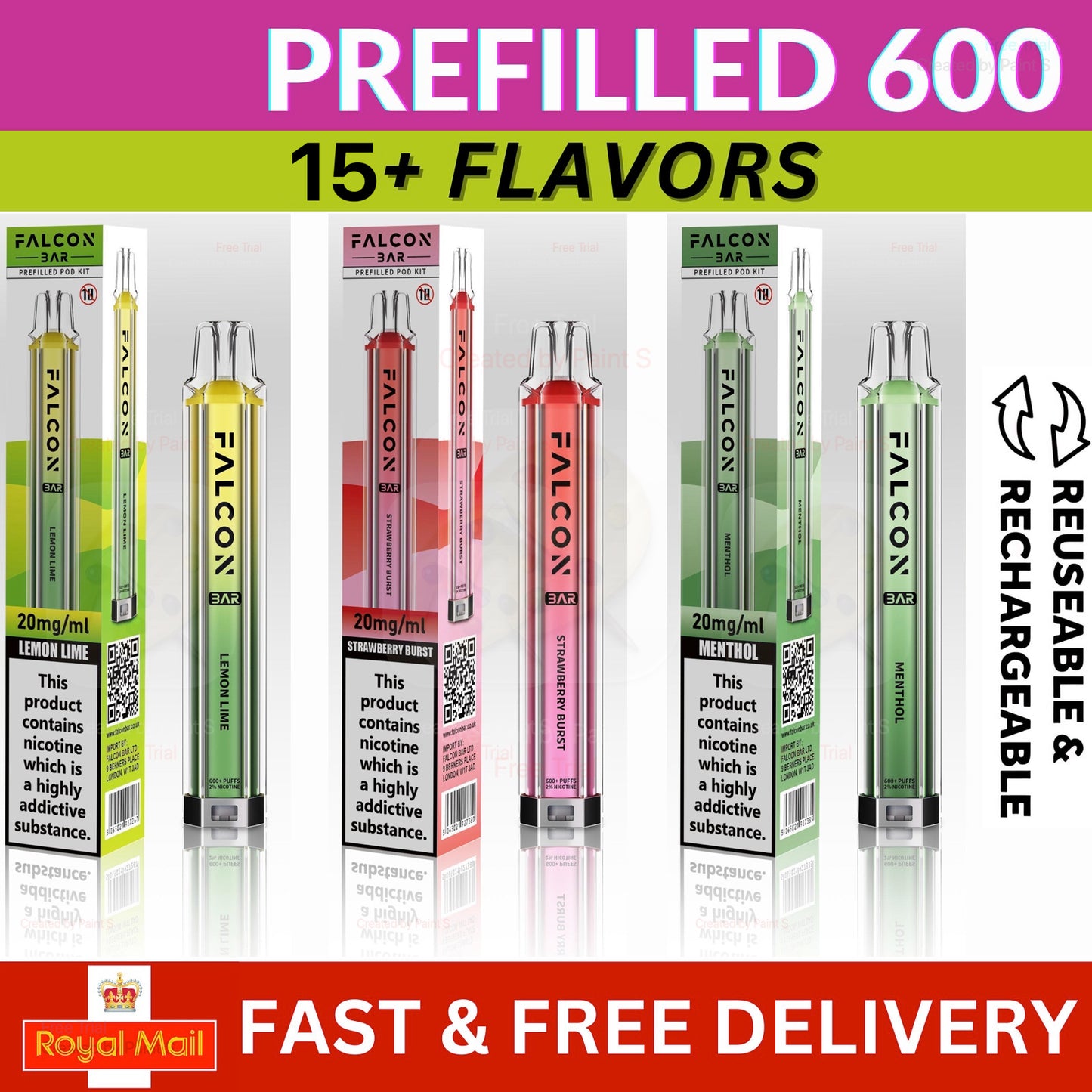 FALCON VAPE BAR PREFILLED E-Cig 2ml 20mg Nic salt ALL FLAVOURS BULK OFFERS
