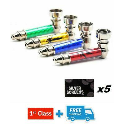 METAL SMOKING SMOKE TOBACCO LEAF PIPE + 5 SCREENS POCKET SIZE GLASS UK STOCK