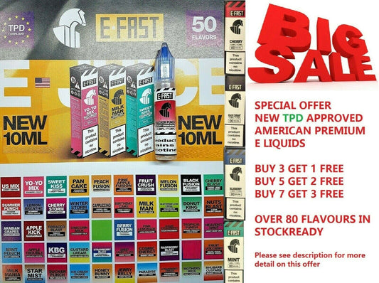 E Fast American Premium E Liquid Juice 10ml Bottles, 80 Flavours & No Nicotine