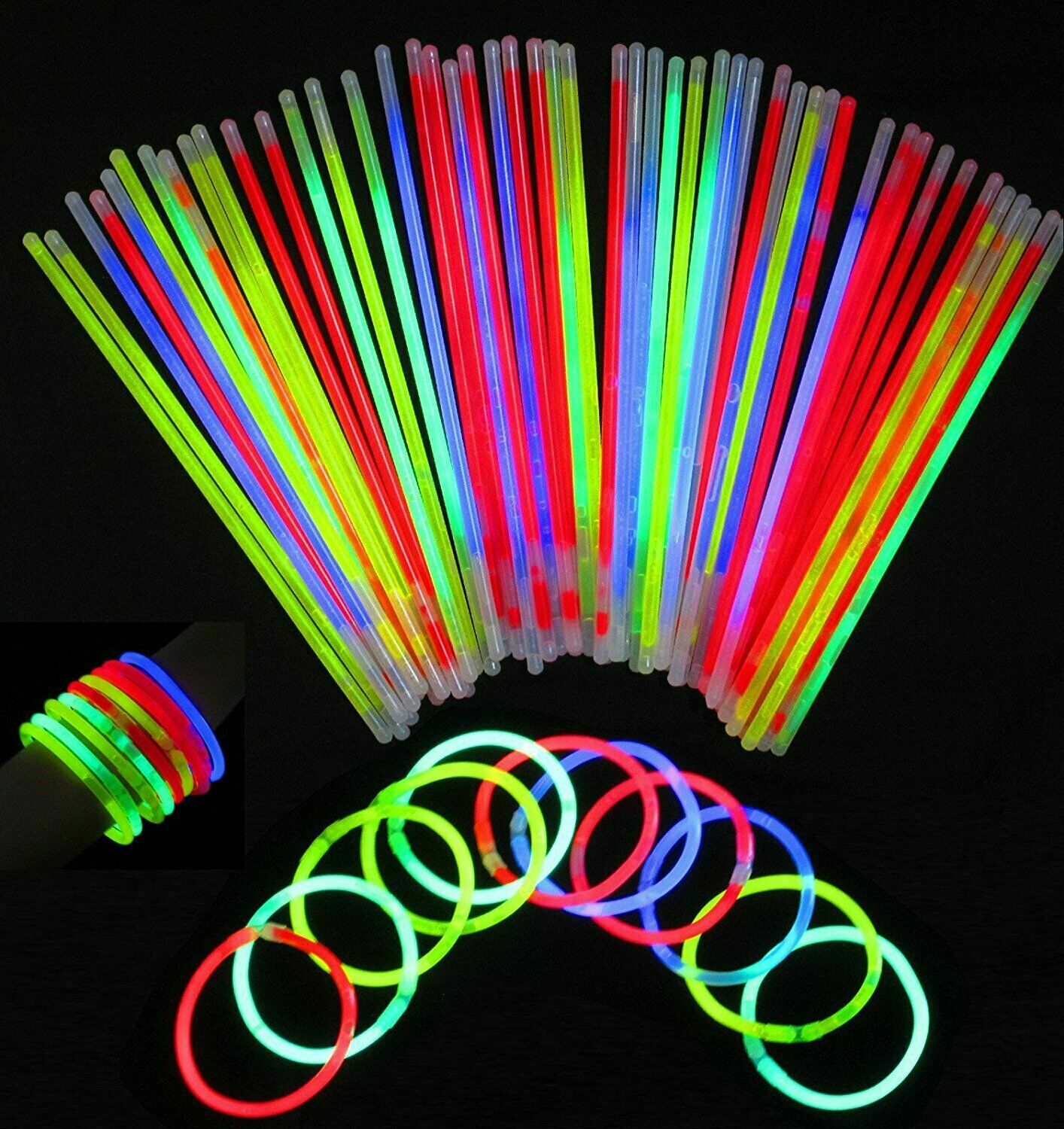 MULTI COLOURED 8” GLOW STICKS AVAILABLE IN PACKS OF 100, 200, 300, 500, 1000 UK