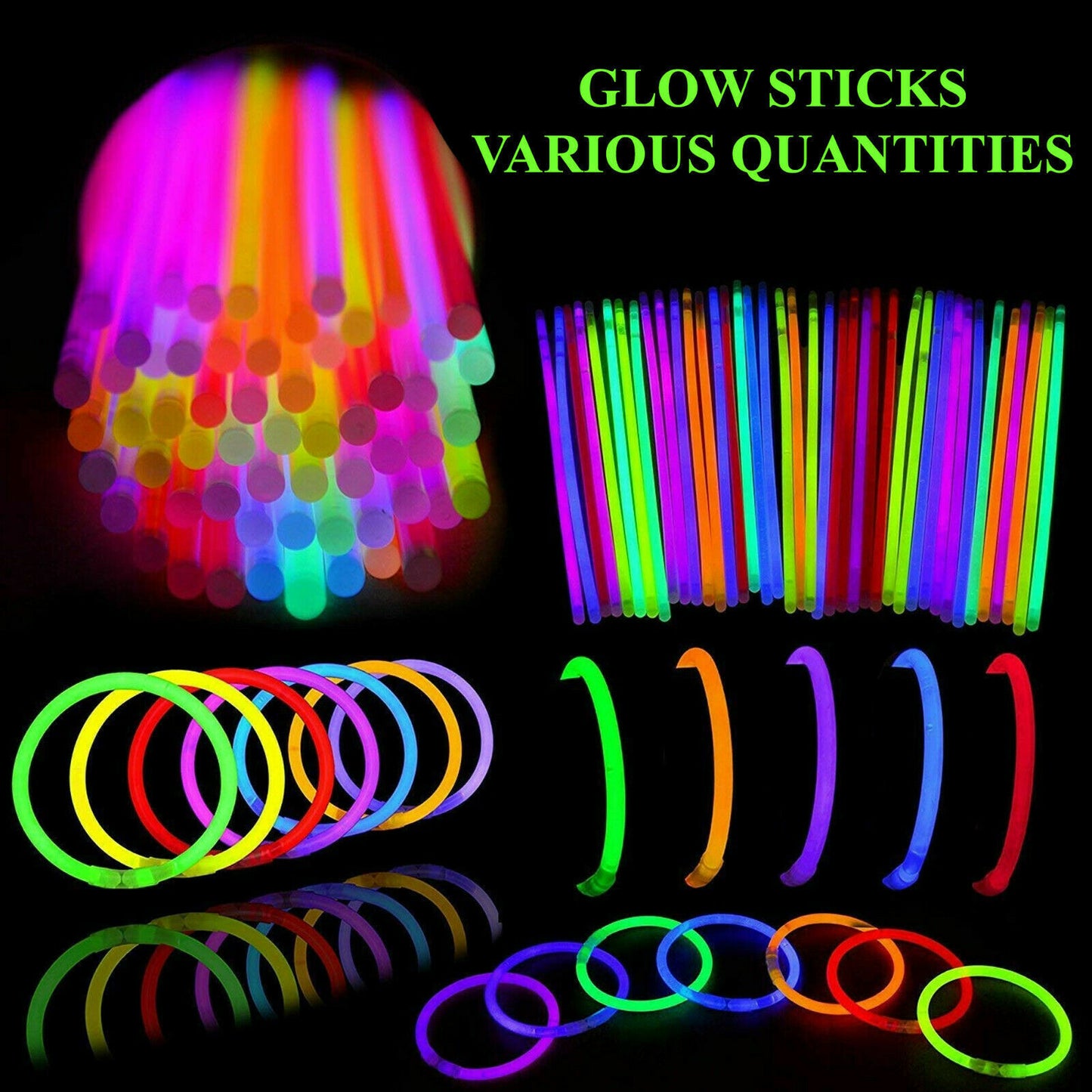 100/1000 8" Glow Sticks Bracelets Necklaces Party Favors Neon Color +Connector