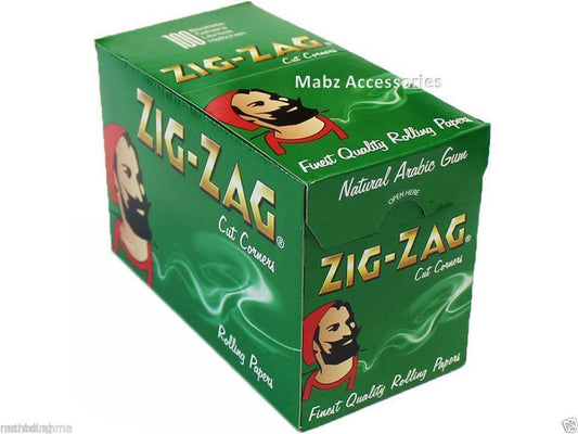 Zig Zag Green Tobacco Rolling Papers Cut Corner - FULL BOX of 100 BOOKLETS